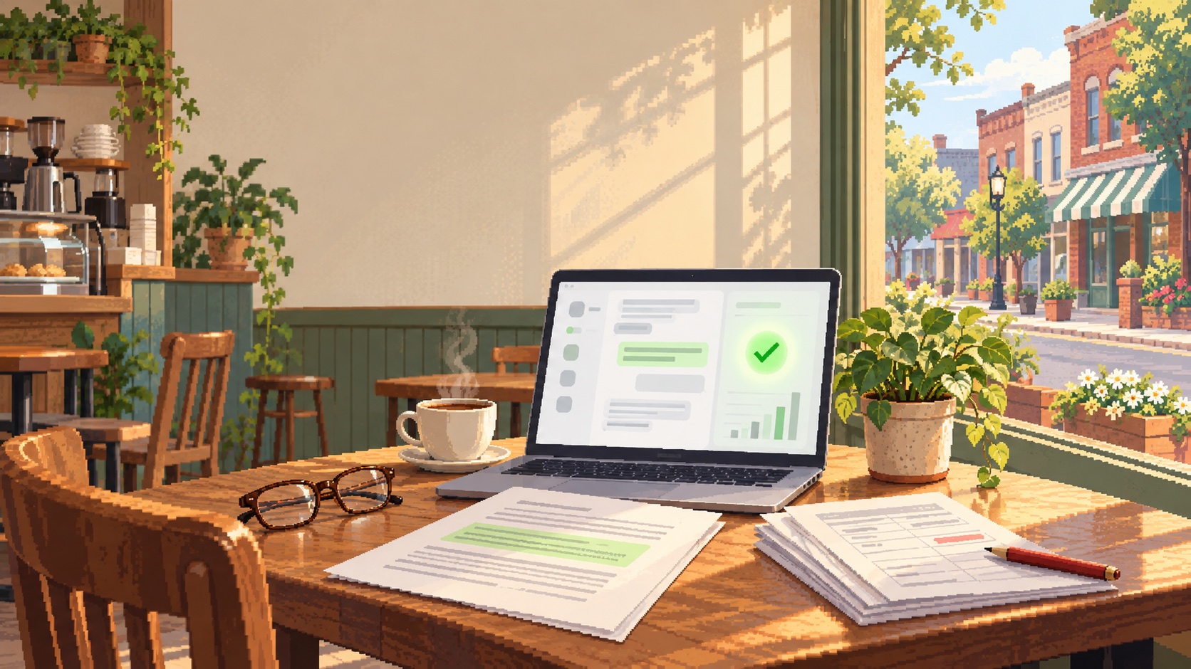 A laptop, a printed lease with one clause highlighted and a stack of statements on a cafe table by the window