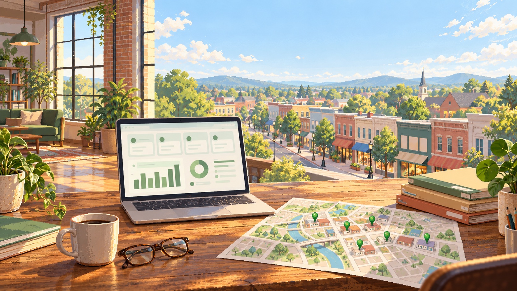 A laptop with a dashboard and a town map with green pins on storefronts, on a table by a window over a main street