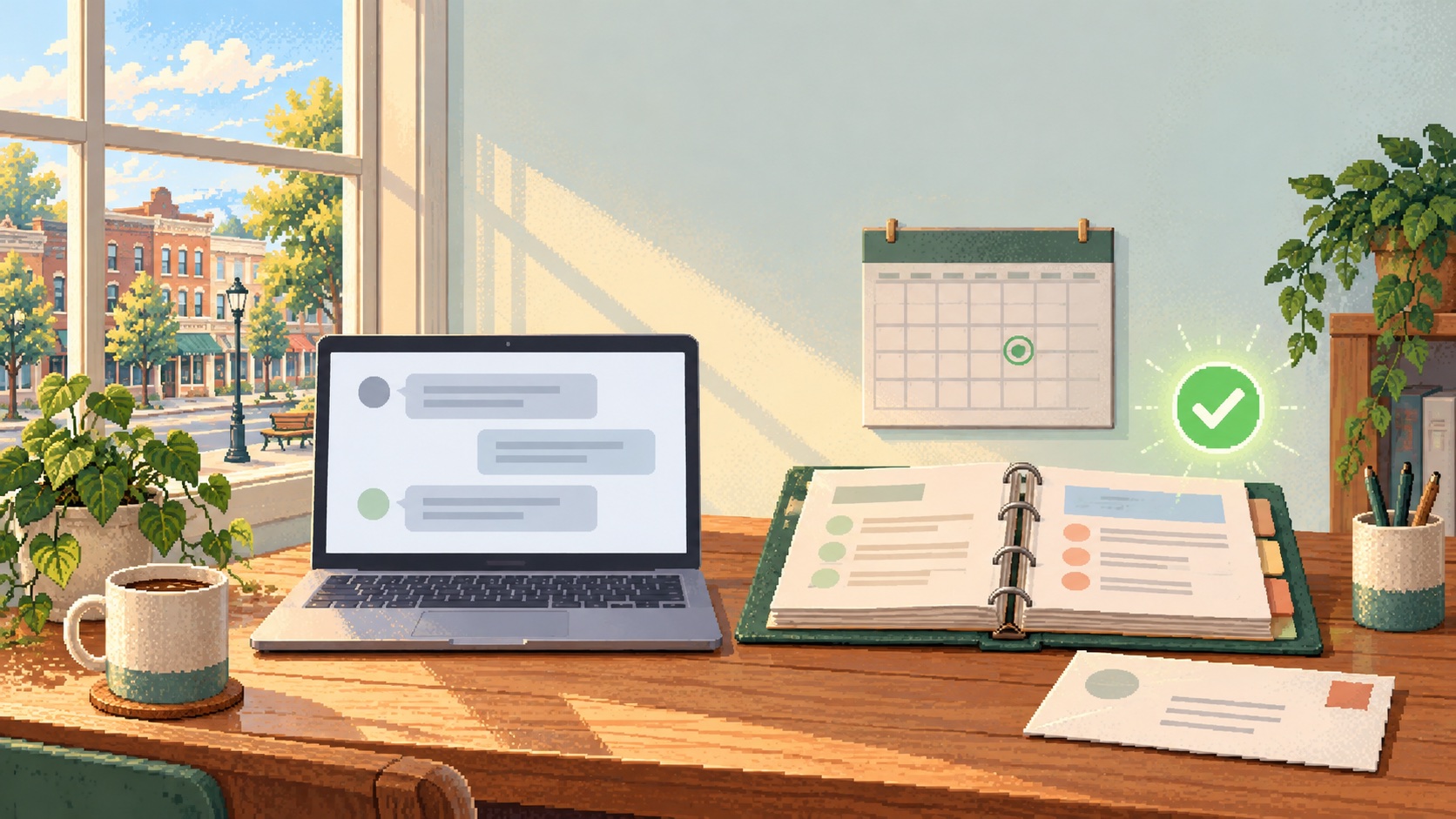 A laptop with a chat window next to a tidy binder, a calendar with a circled date and a stamped envelope
