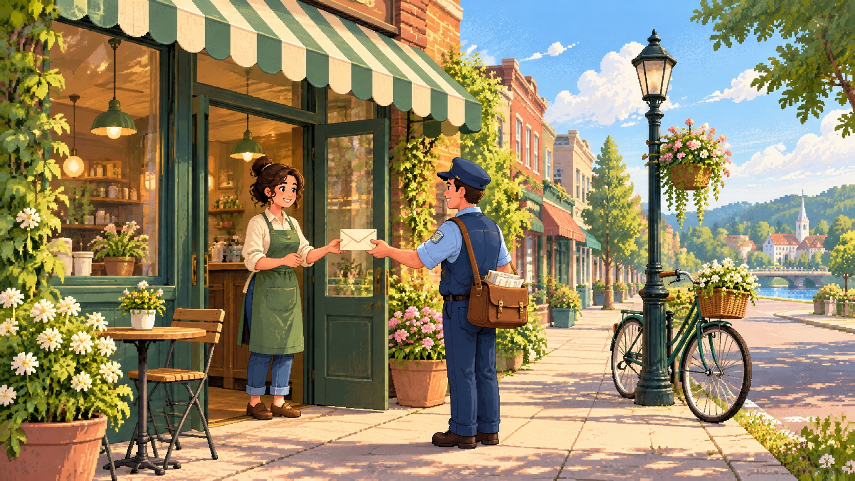 A mail carrier handing an envelope to a cafe owner at the door of a sunny storefront